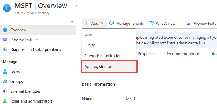 where to create new app registration