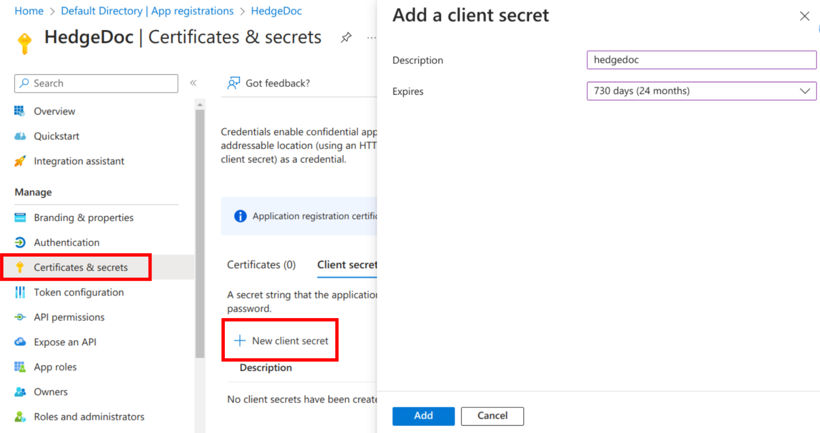 Azure Portal Create secret