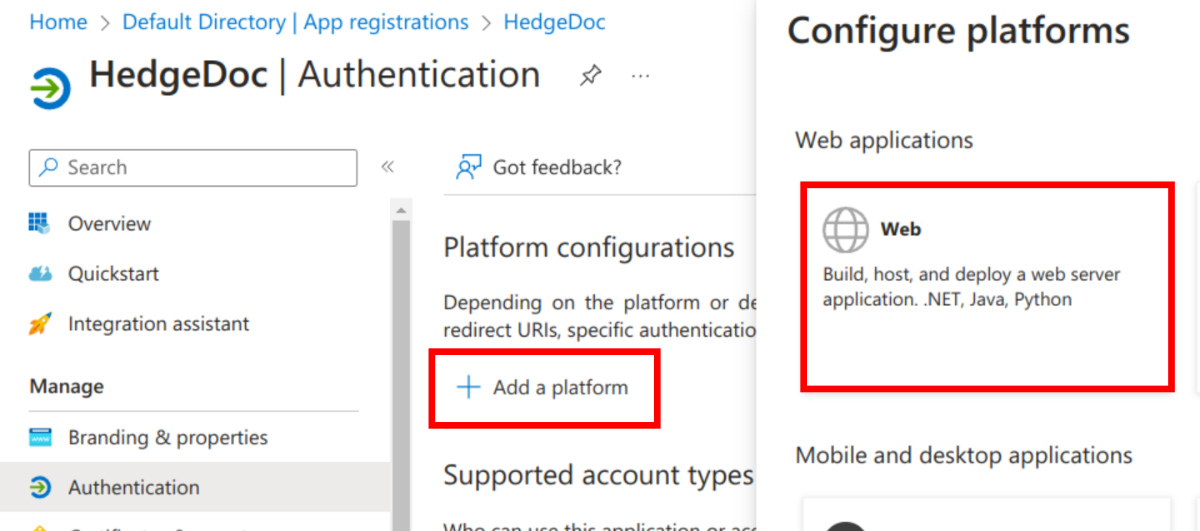 Azure Portal Add platform for app