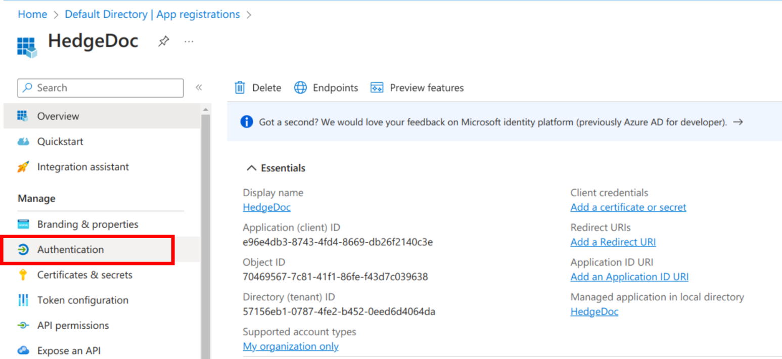 Azure Portal App details page