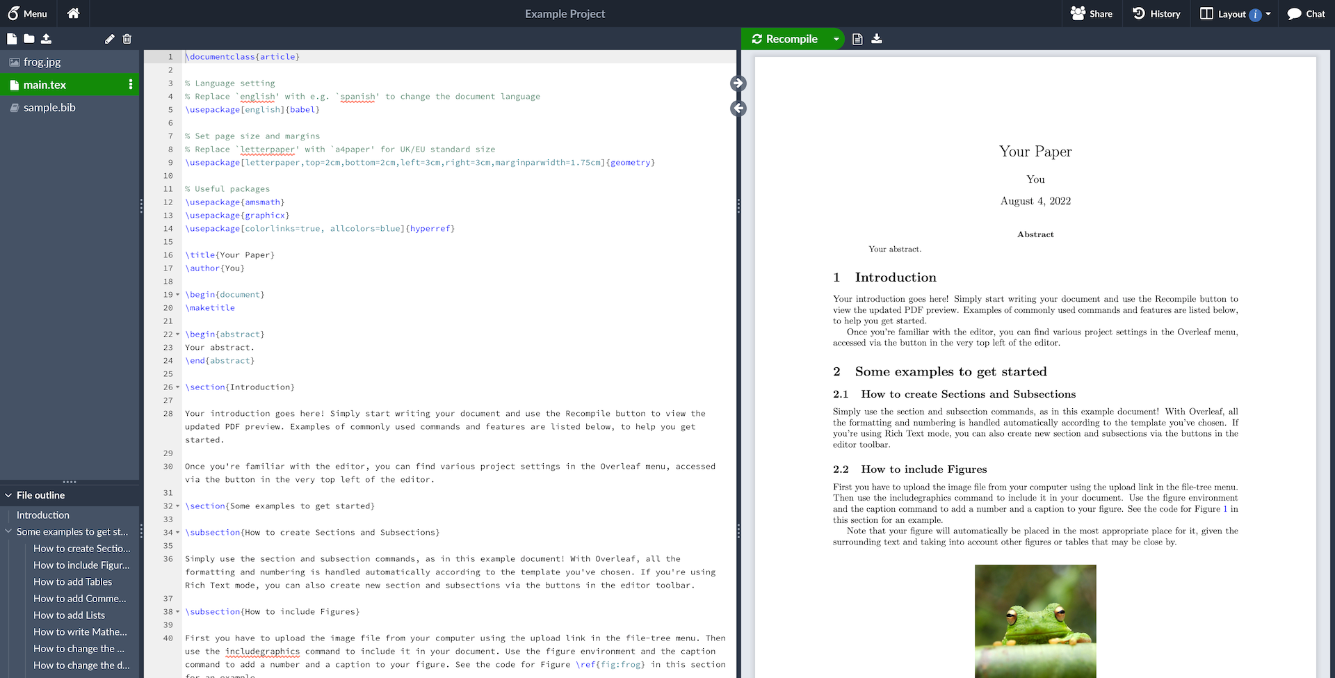 A screenshot of a project being edited in Overleaf Community Edition